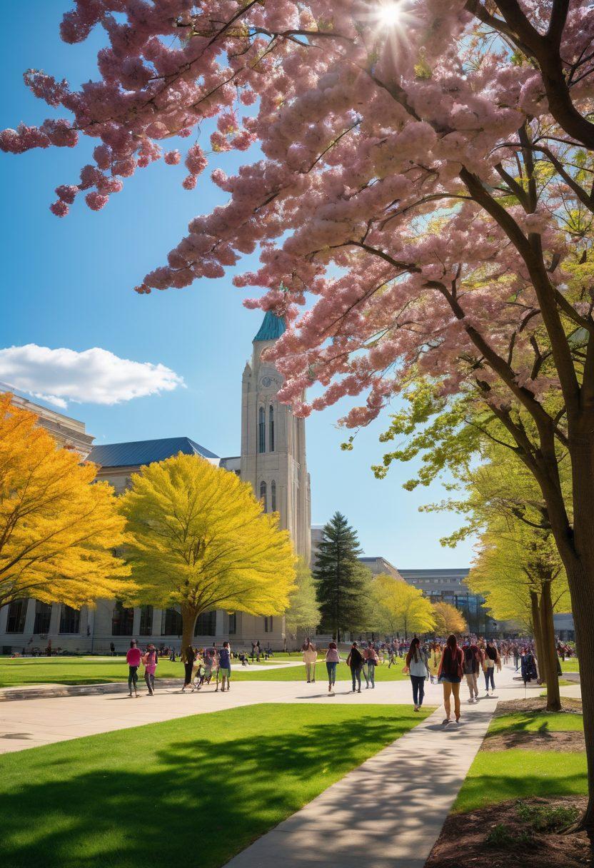 A vibrant college campus scene filled with UAlbany students engaged in joyful activities, such as laughing, studying together under blooming trees, and sharing moments of happiness. Include elements of nature like colorful flowers and sunshine, with a backdrop of iconic campus buildings to highlight the UAlbany atmosphere. Emphasize diversity and inclusion among students to represent the community spirit. super-realistic. vibrant colors. 3D.
