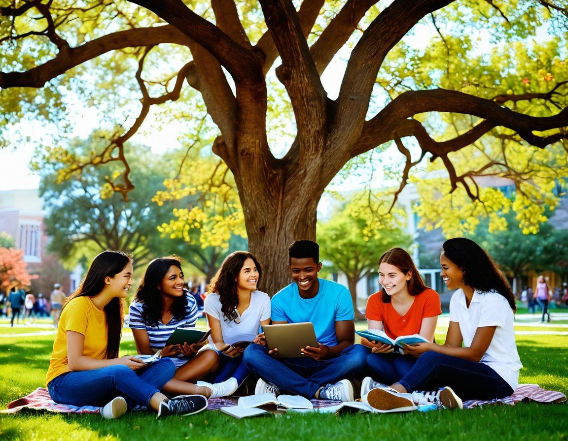A diverse group of college students studying together under a tree on a vibrant campus, showcasing camaraderie and collaboration. Include elements of nature like blooming flowers and a bright sky, symbolizing emotional health and growth. Add books, laptops, and a coffee cup to emphasize a relaxed yet productive atmosphere. The scene should evoke warmth and positivity, with students laughing and sharing ideas. super-realistic. vibrant colors. 3D.