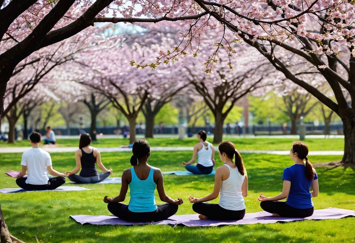 A serene campus scene at UAlbany with students engaging in wellness activities like yoga and meditation under blooming cherry blossom trees. Incorporate symbols of happiness such as sunshine, smiles, and books, representing knowledge and resources. The atmosphere should be bright and inviting, invoking a sense of peace and community. super-realistic. vibrant colors. soft focus.